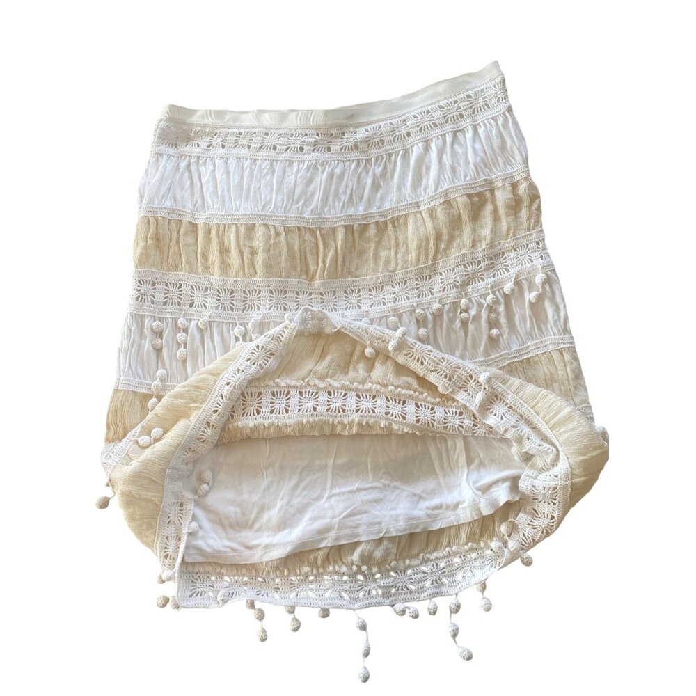 Trina Turk Skirt w/ Pom Poms Women's 12 Ivory Beige Cotton Silk Lined - Picture 9 of 15